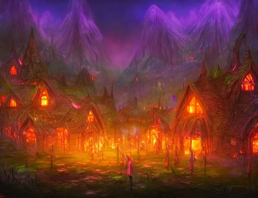 Prompt: elven village with neon lights at a mire. this air brush painting by the award - winning anime artist has an interesting color scheme, plenty of details and impeccable lighting.