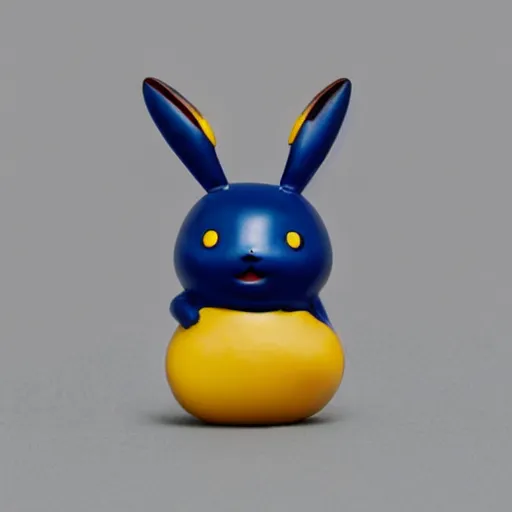 Prompt: a zoomed out studio product shot of a rounded carved smooth cherry wood and resin pikachu in profile, like a catalog photograph, where distinct sections of the carving are blue resin, but is mostly wood, with a smooth featureless minimalist short wooden nose with no nostrils, and a round minimalist behind