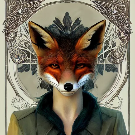 Image similar to realistic detailed face portrait of a fox detective by emilia dziubak, will terry, greg olsen, chris mars, ann long, and mark brooks, fairytale, female, feminine, art nouveau, illustration, character concept design, storybook layout, story board format