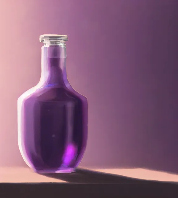 Image similar to a closeup of a purple potion in a round bottle on a messy desk. by makoto shinkai, stanley artgerm lau, wlop, rossdraws, james jean, andrei riabovitchev, marc simonetti, krenz cushart, sakimichan, d & d trending on artstation, digital art