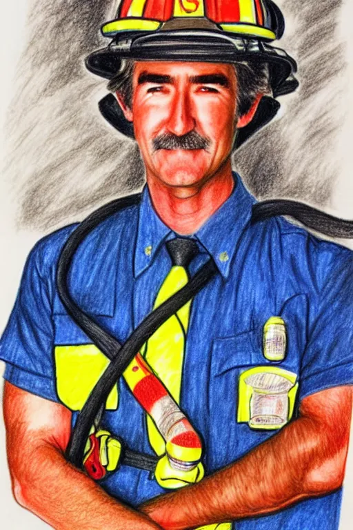 Prompt: a drawing of randy mantooth as a fire fighter by a child, bright colours, detailed