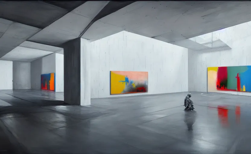 Image similar to painting of interior shot of a white concerete brutalist contemporary art museum with abstract colourful paintings hanging on the wall by darek zabrocki and greg ruthkowski, cinematic and cold atmospheric, archillect concept art, artstation, trending on artstation