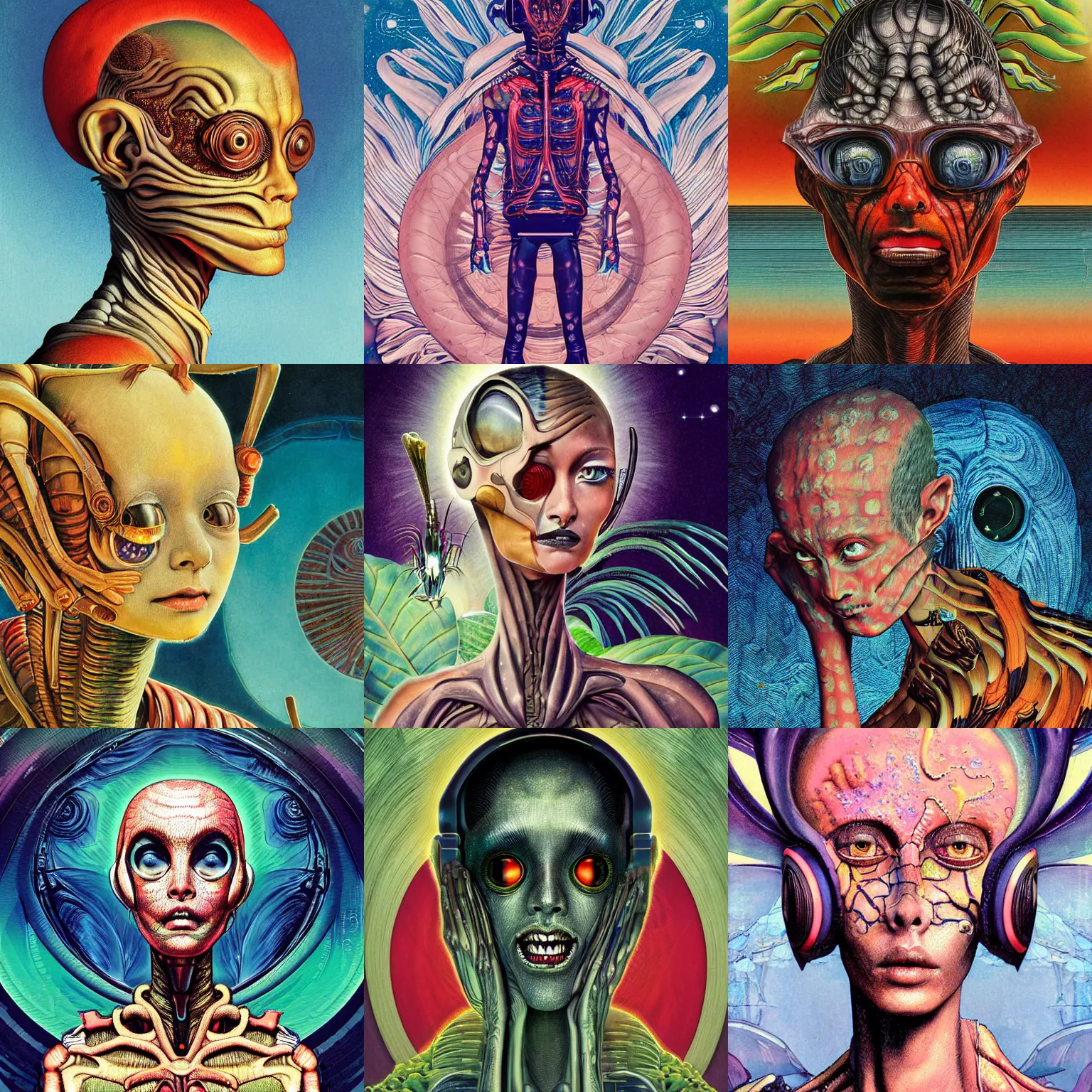 Prompt: a detailed digital art of a highly fashionable extraterrestrial that has a beautiful face and large eyes wearing cyberpunk hawaiian clothing tropical volcano background by william blake and junji ito, norman rockwell, subtle giger, crisp, sharp focus, centered, cinematic, muted color scheme, award - winning art