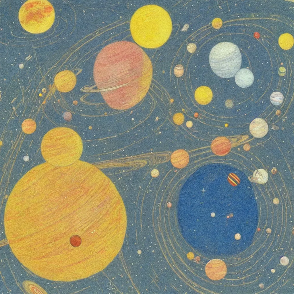 Image similar to saturn, cute, art print, full frame, solar system, lithography, baby room, by elsa beskow