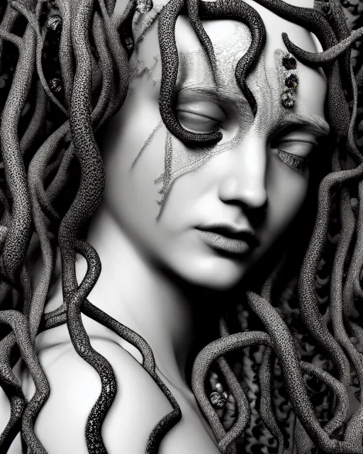 Prompt: surreal mythical dreamy artistic black and white fine art photo of a beautiful young female medusa - cyborg covered with fish scales and algae, highly detailed, intricate crystal ivy jelly fish scales ornate, poetic, octane render, 8 k, photo - realistic