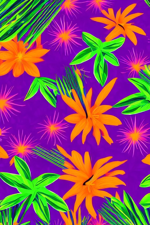 Image similar to dark moody vector illustration of tropical flowers and green reeds, multiple cohesive colors ranging from warms purples to bright oranges on a ((very dark background)), 4K resolution, trending on artstation, hd wallpaper