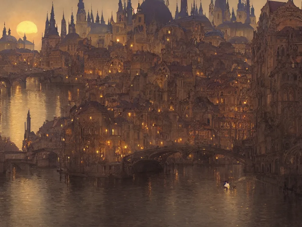 Prompt: a view from the river of a city resembling prague, paris, and venice at dusk, intricate, elegant, highly detailed, digital painting, artstation, concept art, smooth, sharp focus, colored illustration for tattoo, art by krenz cushart and artem demura and alphonse mucha,