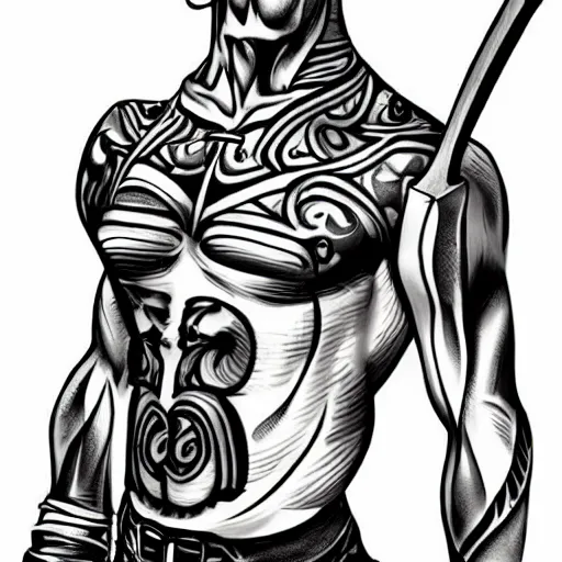 Image similar to muscular bald man, tattooed body, sword in hands, HD, anime style,