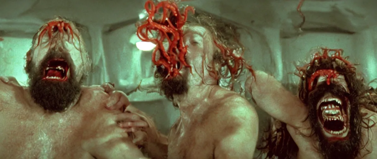 Image similar to filmic extreme wide shot movie still 4 k uhd interior 3 5 mm film color photograph of a bearded man with living teeth and tentacles grabbing another man who is screaming oh my god in the style of the horror film the thing 1 9 8 2