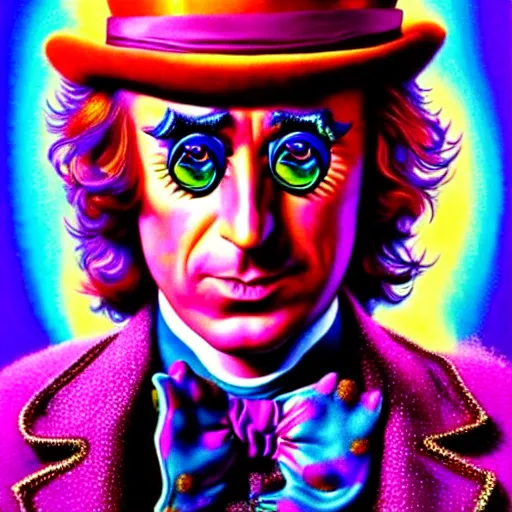 Image similar to an extremely psychedelic portrait of willy wonka, surreal, lsd, face, detailed, intricate, elegant, lithe, highly detailed, digital painting, artstation, concept art, smooth, sharp focus, illustration, art by jason edmiston