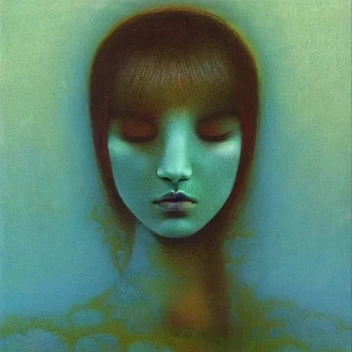 Prompt: young female in cyan dress, painting by Beksinski