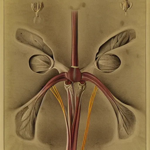 Image similar to clinical x - ray image of a jonquil in cut view with anatomical description, low coloration, highly detailed, 8 k