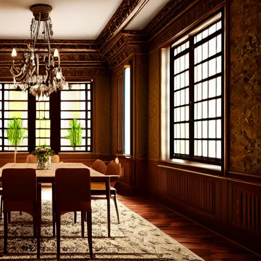 Prompt: Dining room house, luxury, modern, artstation, hyper realistic, 8K, 35mm photography, warm lighting, Victorian, wood, chandelier, grandfather clock, furniture, large windows to forest, no blur