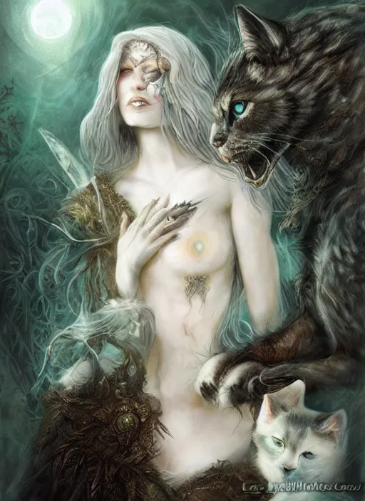 Image similar to medieval female warrior, green eyes, dark forbidden forest, wolves, white cat, by Lecouffe-Deharme, by Natalie Shau