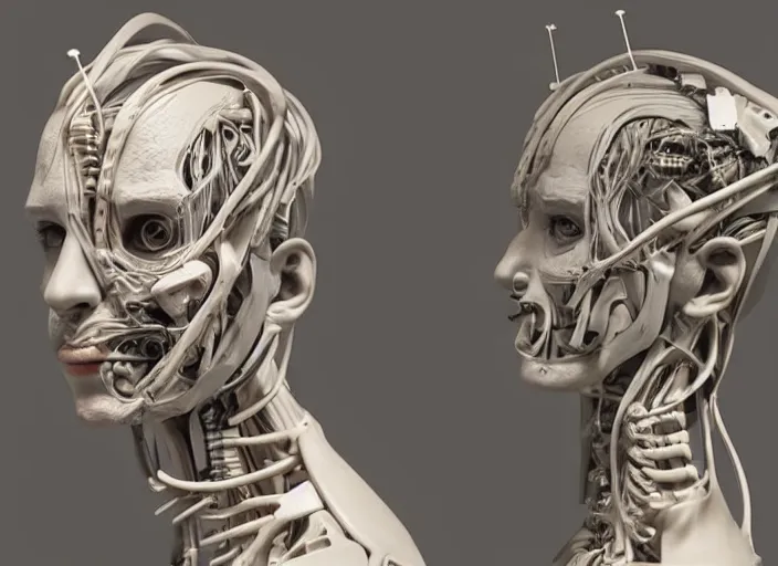 Image similar to a sculpture anatomical cyborg, bust , detailed face, studio lighting