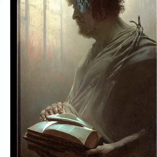 Image similar to half portait of magican wearing a closed cowl holding a big old book! chained!!! to his wrist, jeremy mann, jean leon gerome, alphonse mucha, greg rutkowski, hood covers his eyes, ( ( ruins of ancient rome ) ), at dusk, mysterious atmosphere, sunrays, dof, masterpiece, high detailed, 8 k