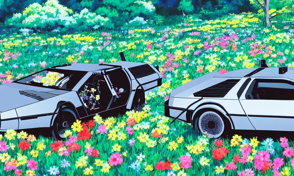 Image similar to a delorean standing in a flower field, anime style