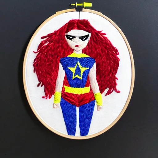 Prompt: a beautiful handmade embroidery of a woman dressed as a superhero. hand embroidery.