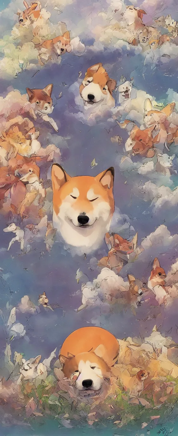 Image similar to shiba inu by Studio Ghibli, asymmetrical, positive vibes, Organic Painting , digital art, trending on artstation, Matte Painting, by Studio Ghibli:4