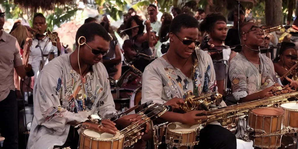 Image similar to bongocat playing the hand clapper musical instrument as one of the musicians in The Roots