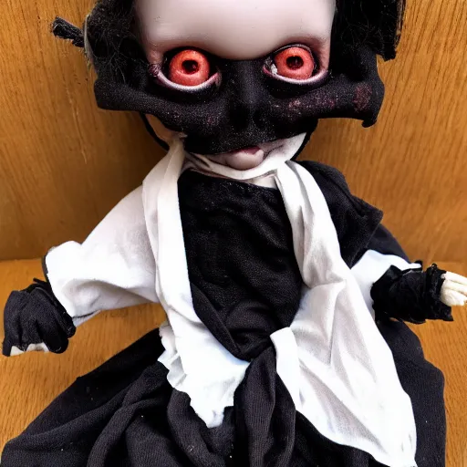 Image similar to creepy doll cursed witchcraft black eyes toy lucian freud dark black background doll satanic blood