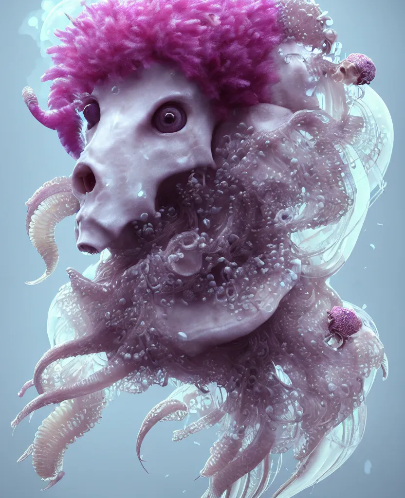 Image similar to goddess princess beautiful face close-up portrait ram skull fluffy toy. jellyfish phoenix head, nautilus, orchid, skull, betta fish, bioluminiscent creatures, intricate artwork by Tooth Wu and wlop and beeple. octane render, trending on artstation, greg rutkowski very coherent symmetrical artwork. cinematic, hyper realism, high detail, octane render, 8k