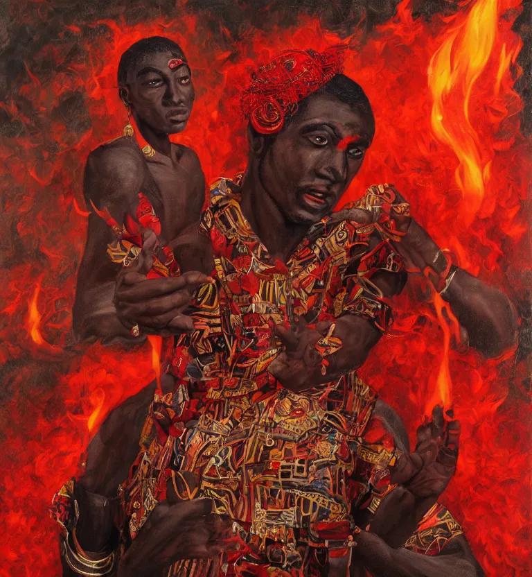 Image similar to a realistic painting of the yoruba god of the streets and paths, orisha esu, wearing red and black clothes with fire in his right hand, digital art, detailed.