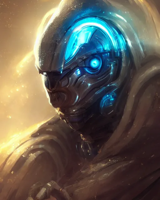 Image similar to portrait of monster in cyber armor, dreamy and ethereal, expressive pose, gold eyes, angry expression, fantasy, intricate, elegant, many lightning, cold color, highly detailed, digital painting, anime, artstation, concept art, cyberpunk wearing, smooth, sharp focus, led, illustration.