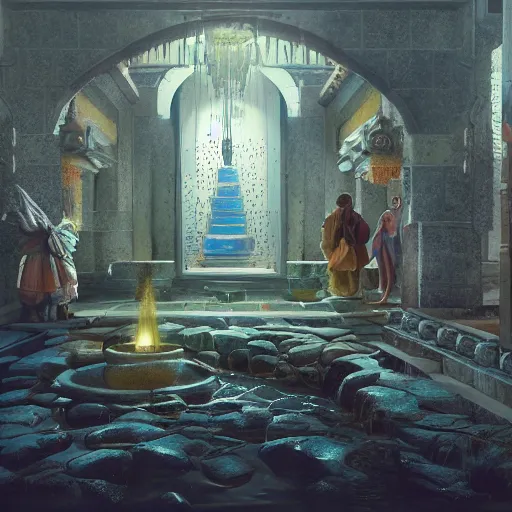 Image similar to a man cast a water spell inside a temple, artstation