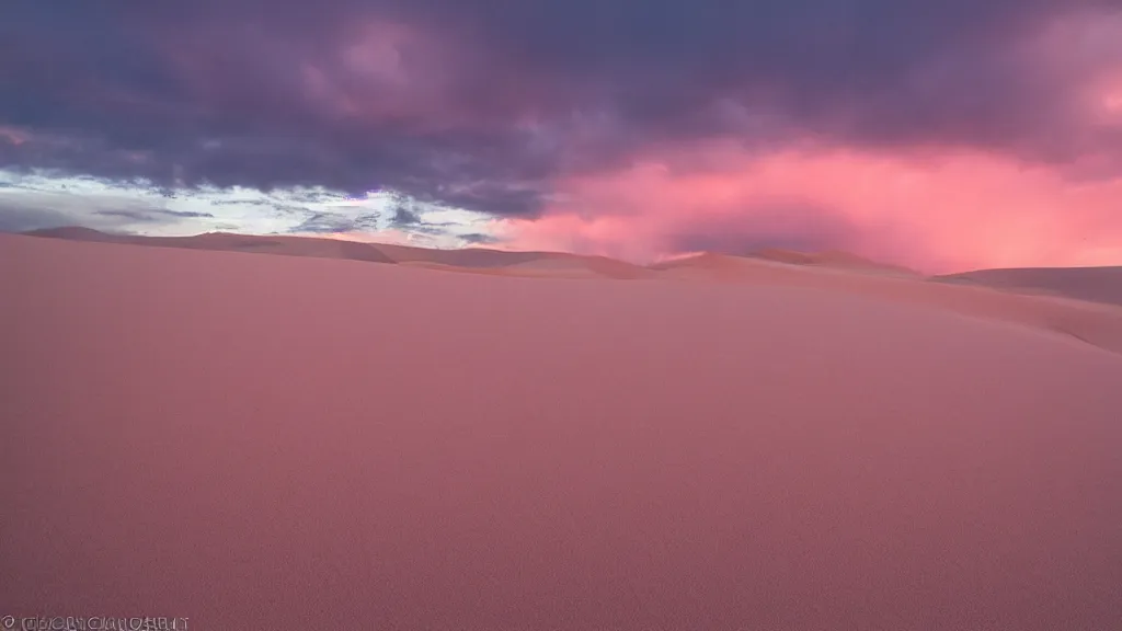Image similar to The sand dunes under the pink clouds backlit by the sun