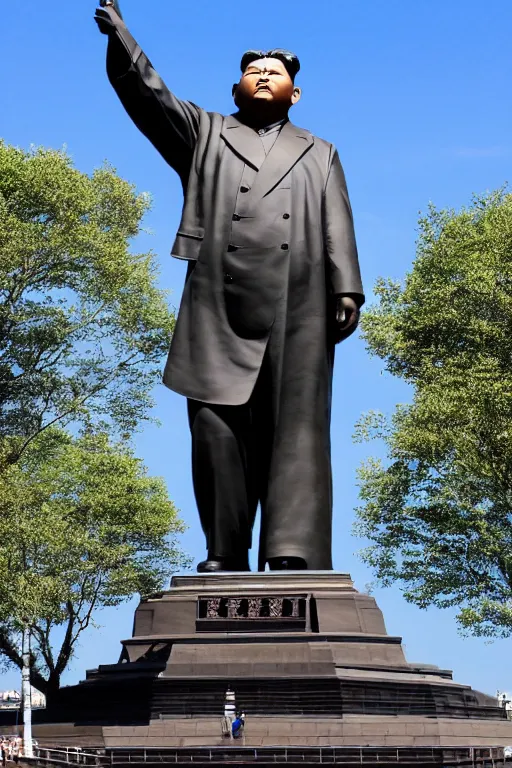 Image similar to a gigantic statue of kim jong un standing on the united states liberty island, symmetry, awesome exposition, very detailed, highly accurate, 8 k