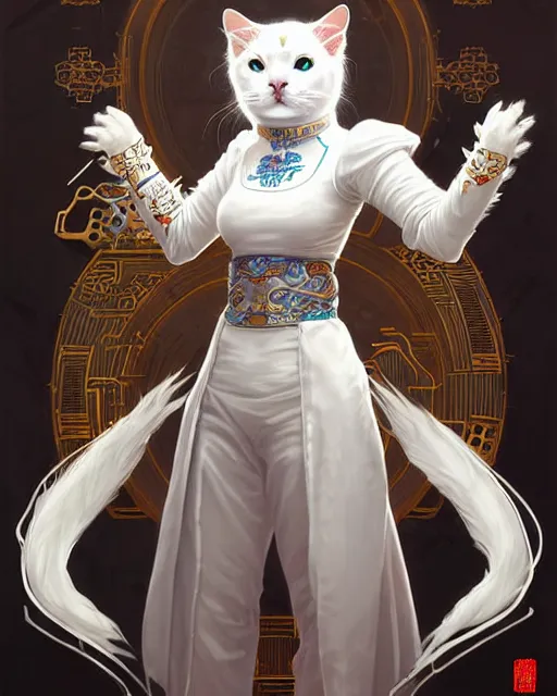 Image similar to portrait of a fluffy white cat cyberpunk machine, machine face, robed, upper half portrait, decorated with chinese opera motifs regal asian machine robot cyberpunk fine china, wuxia, traditional chinese art intricate intense elegant highly detailed digital painting artstation concept art smooth sharp focus illustration, art by artgerm and greg rutkowski alphonse mucha 8 k