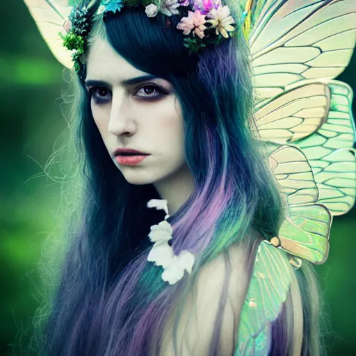 Prompt: portrait by bella kotak, agyness deyn as a beautiful fairy, translucent butterfly fairy wings, a forest clearing in the background, luminescent holographic colors, otherworldly, high fantasy art, soft glow, iridescent colors, ethereal aesthetic, intricate design, fae elements, detailed shiny hair, whimsical, atmospheric,