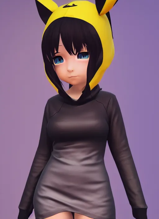 Image similar to vrchat, secondlife, imvu, 3 d model of a girl in a pikachu hoodie, hq render, detailed textures, artstationhd, booth. pm, highly detailed attributes and atmosphere, dim volumetric cinematic lighting, hd, unity unreal engine