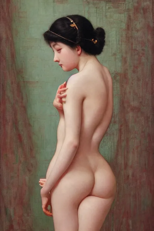 Prompt: beautiful girl posing in studio setting by frantisek kupka, intricate, miles johnston, kuroda seiki, cynical realism, ozabu, john william godward, painterly, yoshitaka amano, moebius, miles johnston, louise zhang, james jean, mark ryden