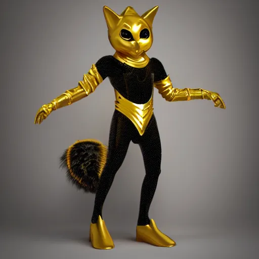 Image similar to a black cat wearing a gold armor outfit, a character portrait by hanns katz, shutterstock contest winner, afrofuturism, sci - fi, 3 d render