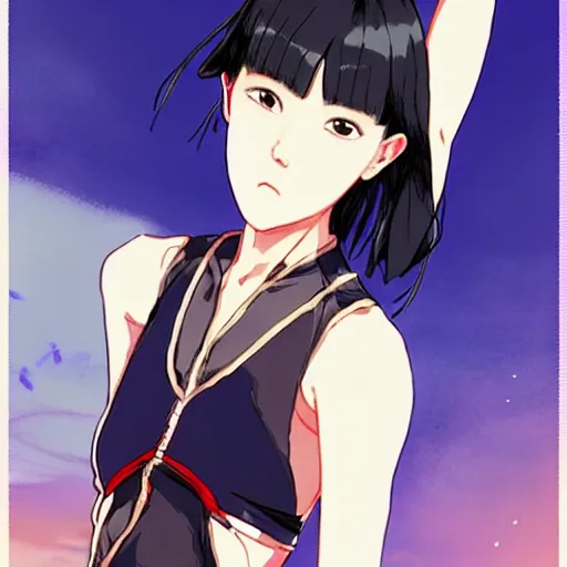 Prompt: a beautiful boyish japanese cassandra cain natalie portman alluring instagram model, wearing elegant japanese hiphop leotard outfit with subtle mayan patterns and native fashion, aztec street fashion bathing suit, jrpg fashion, gapmoe yandere grimdark, trending on pixiv fanbox, painted by greg rutkowski makoto shinkai takashi takeuchi studio ghibli, akihiko yoshida