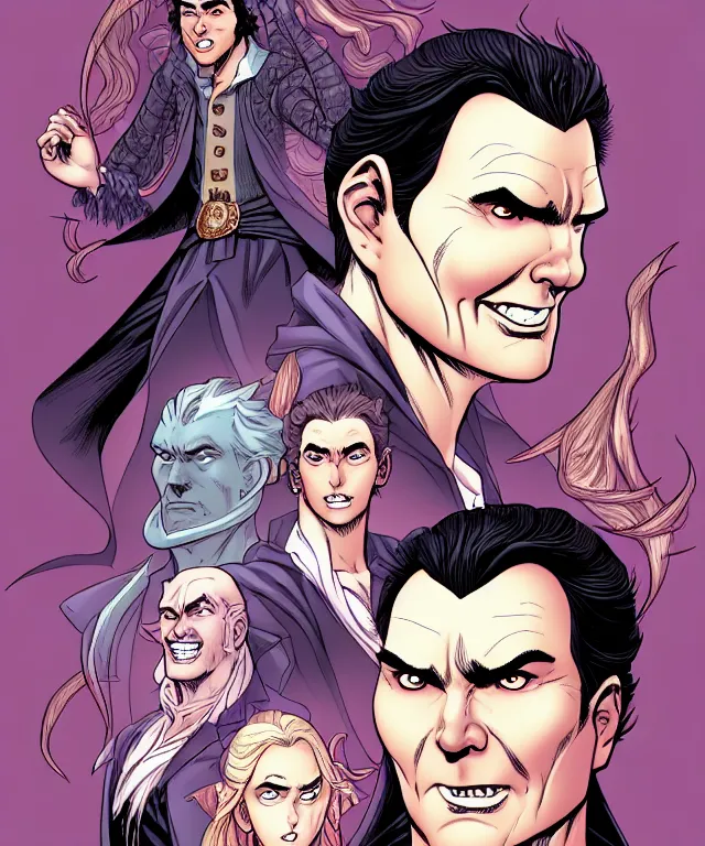 Image similar to a fantasy comic - style full portrait of a gambler who looks like norm macdonald, digital illustration by jenny frison and sana takeda and kentaro miura, fine inking lines, vivid colors, dnd, highly detailed!, hd, 4 k, trending on artstation