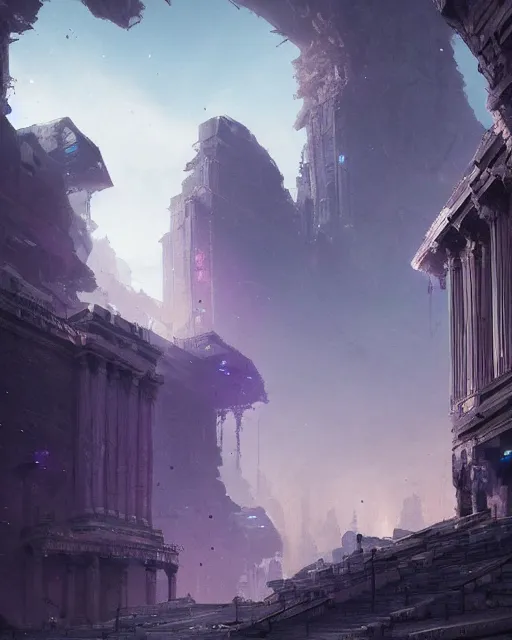 Prompt: the eternal city, alien architecture, purple, environment art, fantasy art, landscape art, in the style of greg rutkowski, illustration, epic, fantasy, intricate, hyper detailed, artstation, concept art, smooth, sharp focus, ray tracing