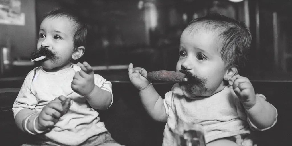 Prompt: a baby with a beard and mustache smoking a cigar in a bar