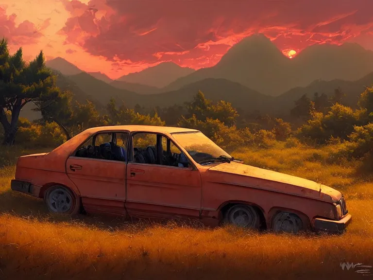 Image similar to low angle shot of tree growing inside scrap car in the foreground. overgrown. soft golden red sunset over the mountains in the background. clouds. detailed leaves. hyperrealistic, highly detailed, cinematic, beautiful, cgsociety, artstation, oil painting by greg rutkowski, by artgerm, by wlop