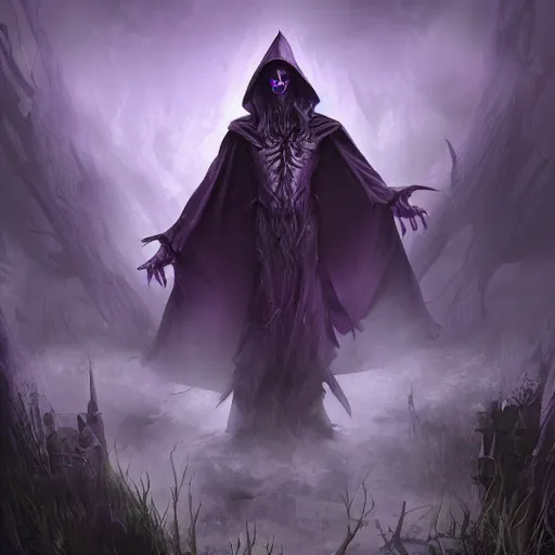 Image similar to a violet evil old wizard, graveyard background, undead arms rising from the ground, epic fantasy style art, fantasy epic digital art