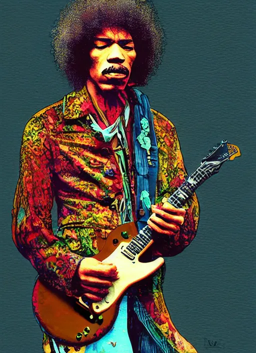 Prompt: a portrait of jimi hendrix playing guitar, digital art, highly detailed, by david cronenberg
