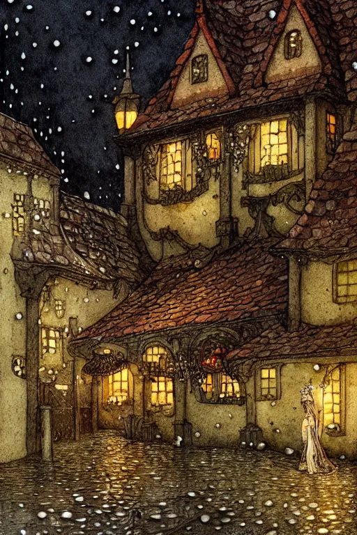 Prompt: medieval tavern exterior rainy night, shingled roof, dark alleyway, fantasy, intricate, elegant, highly detailed, digital painting, artstation, concept art, matte, sharp focus, illustration, art by kay nielsen and walter crane, illustration style, watercolor