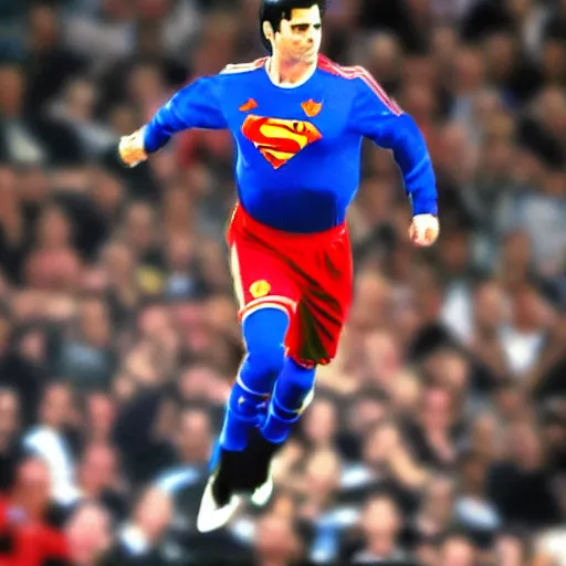 Image similar to jose mourinho flying in the sky as superman shooting lasers, award winning photograph