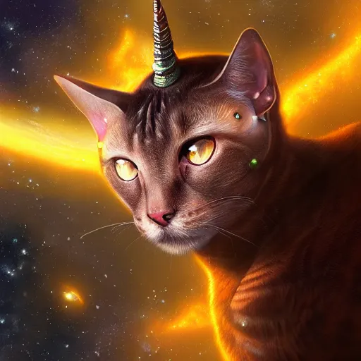 Prompt: a highly detailed galaxy cat with horns and wings in space , trending on artstation, digital art, 4k, hyper realism, high detail, cinematic, cinematic lighting, high detail, realistic, fantasy, by KanizoArt