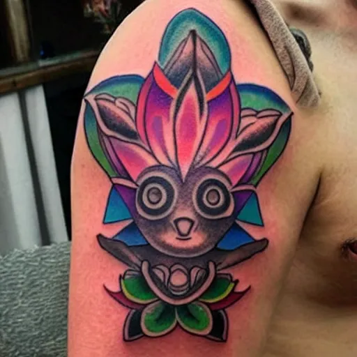 Prompt: shoulder tattoo of a meditating cute bush baby with trippy eyes and glowing multicolored chakra symbols, surrounded with colorful lotus flowers, insanely integrate