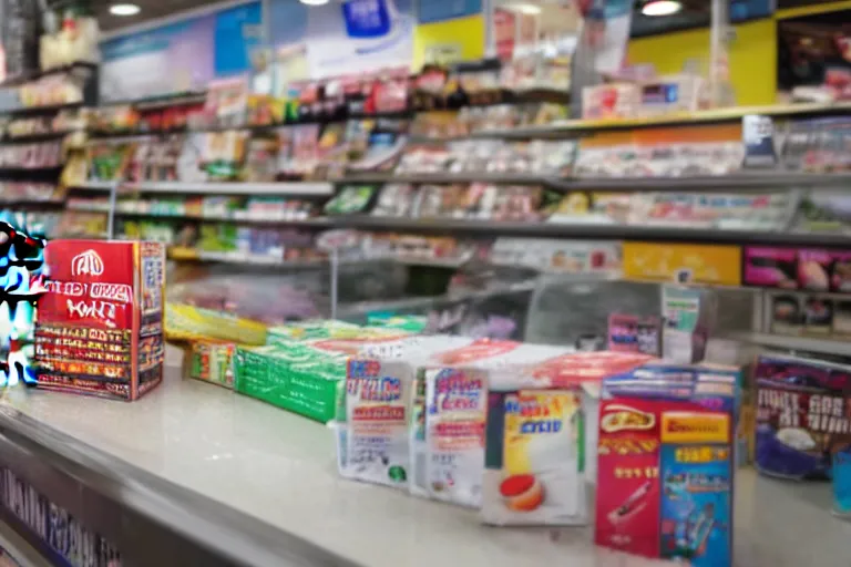 Image similar to cat on the counter in 7 - eleven next to a pack of cigarettes wide angle lens