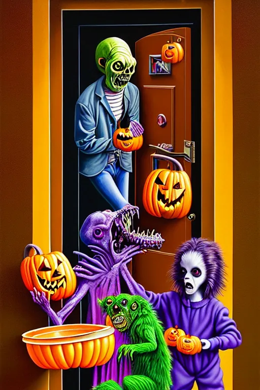 Image similar to a hyperrealistic painting of trick or treaters knocking on door and scary chimeric creature answers with bowl of candy, cinematic horror by jimmy alonzo, the art of skinner, chris cunningham, lisa frank, richard corben, highly detailed, vivid color,