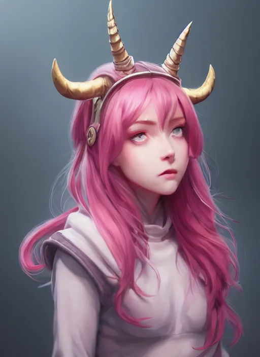 Image similar to a highly detailed illustration of cute smug pink haired pale girl with curved horns wearing oversized pink hoodie, dramatic smirk pose, intricate, elegant, highly detailed, centered, soft light, character design, cushart krenz, digital painting, artstation, concept art, smooth, sharp focus, league of legends concept art, wlop.